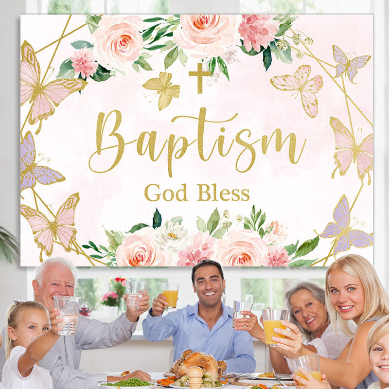 Lofaris Pink Rose and Butterflies God Bless Baptism Backdrop