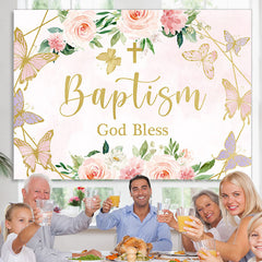 Lofaris Pink Rose and Butterflies God Bless Baptism Backdrop