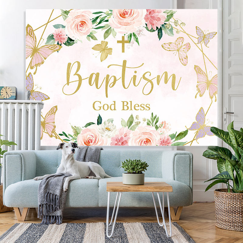 Lofaris Pink Rose and Butterflies God Bless Baptism Backdrop