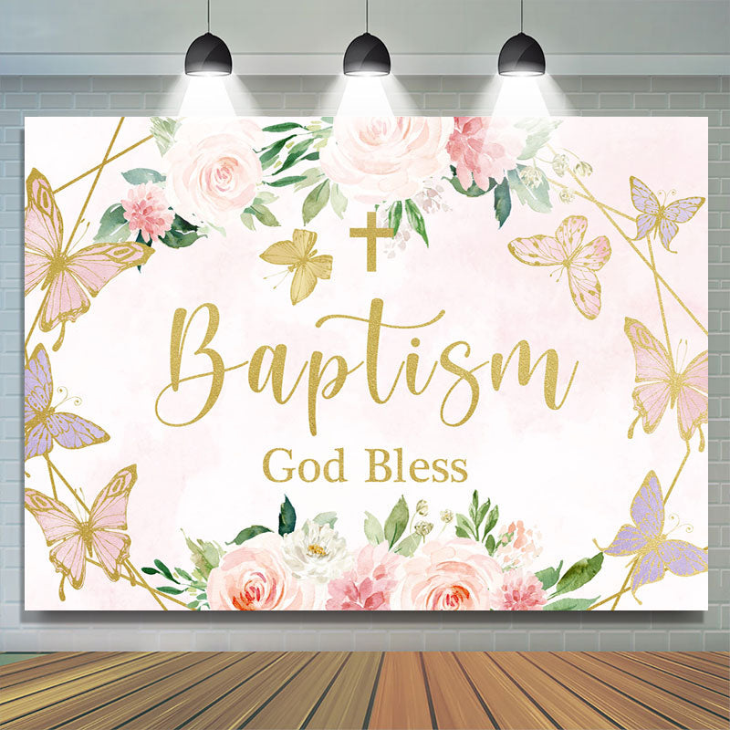 Lofaris Pink Rose and Butterflies God Bless Baptism Backdrop