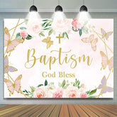 Lofaris Pink Rose and Butterflies God Bless Baptism Backdrop