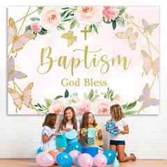 Lofaris Pink Rose and Butterflies God Bless Baptism Backdrop