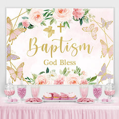 Lofaris Pink Rose and Butterflies God Bless Baptism Backdrop