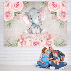 Lofaris Pink Rose Baby Elephant Shower Backdrop for Girl