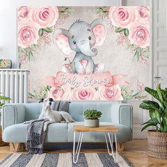 Lofaris Pink Rose Baby Elephant Shower Backdrop for Girl