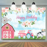 Lofaris Pink Rose Cute Farm Blue Sky Happy Birthday Backdrop
