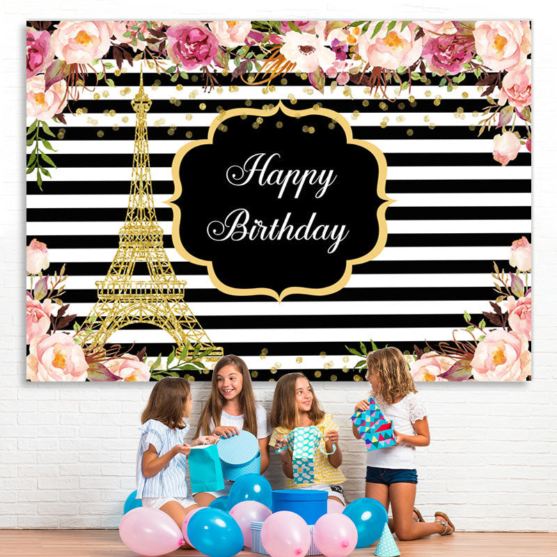 Lofaris Pink Roses White And Black Stripe Backdrop For Birthday