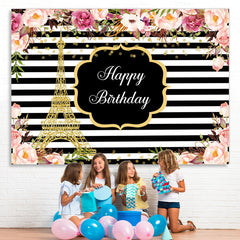 Lofaris Pink Roses White And Black Stripe Backdrop For Birthday