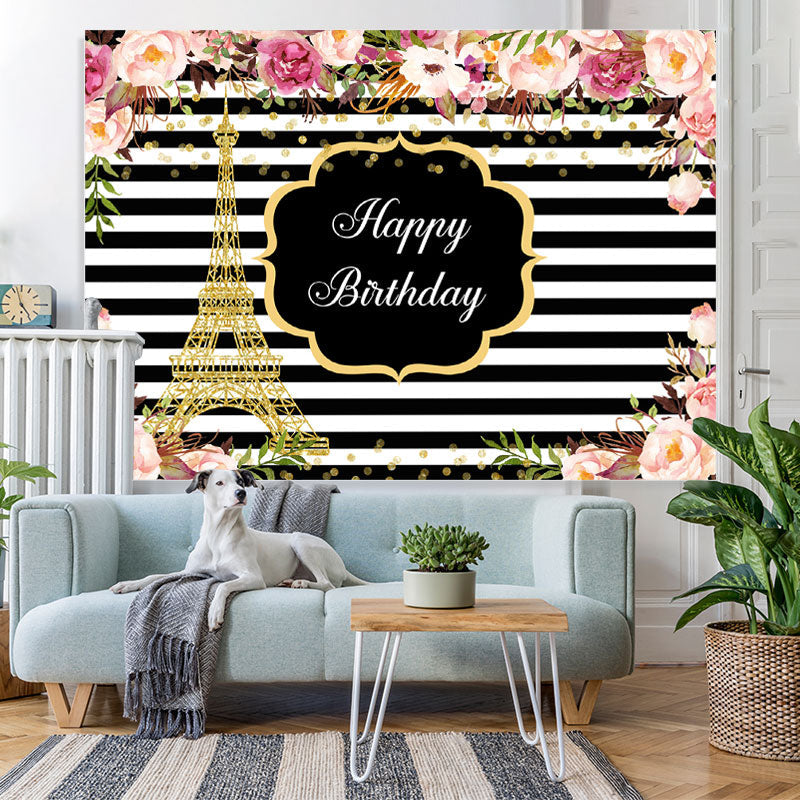 Lofaris Pink Roses White And Black Stripe Backdrop For Birthday