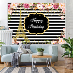Lofaris Pink Roses White And Black Stripe Backdrop For Birthday