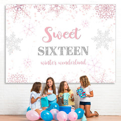 Lofaris Pink Snowflakes Sweet Sixteen Happy Birthday Backdrop
