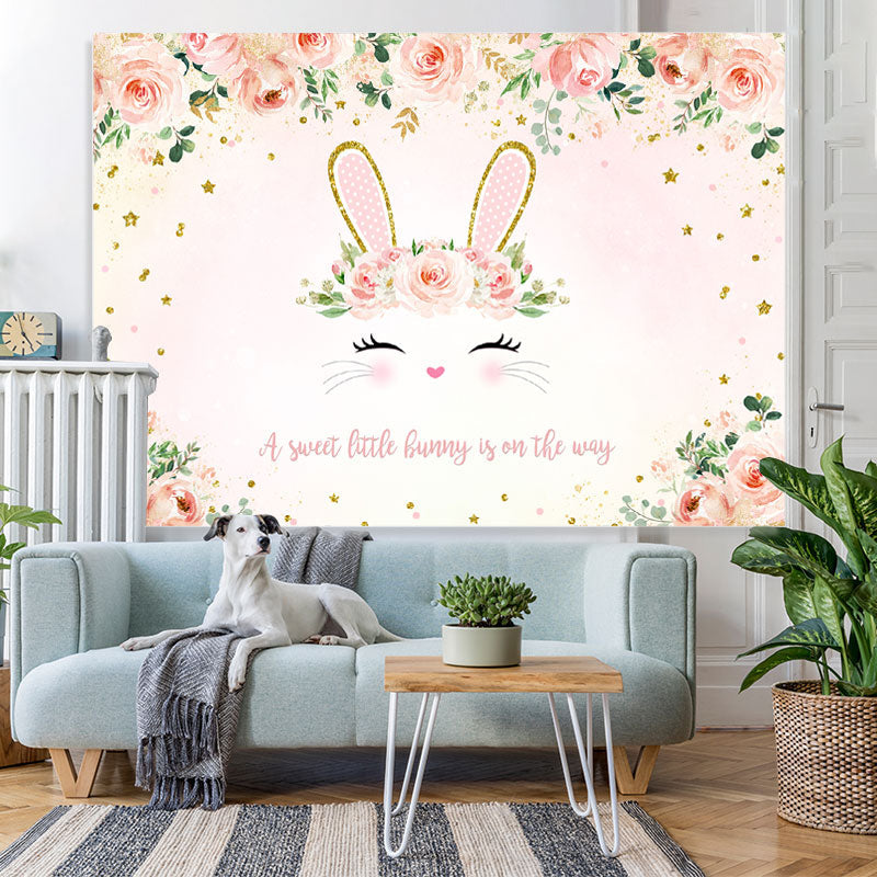 Lofaris Pink Sweet Little Bunny And Floral Baby Shower Backdrop