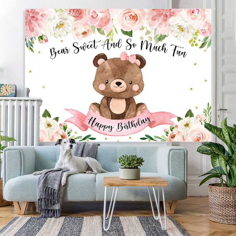 Lofaris Pink Teddy Bears and Blooming Flowers Birthday Backdrop