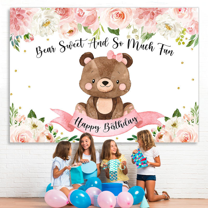 Lofaris Pink Teddy Bears and Blooming Flowers Birthday Backdrop