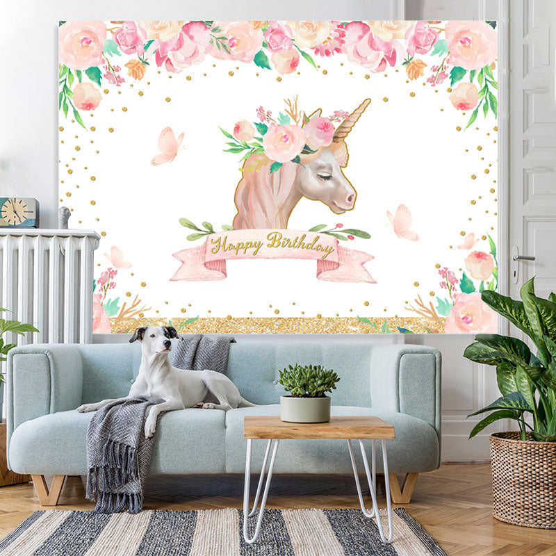Lofaris Pink Unicorn Floral Gold Glitter Happy Birthday Backdrop