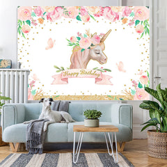 Lofaris Pink Unicorn Floral Gold Glitter Happy Birthday Backdrop