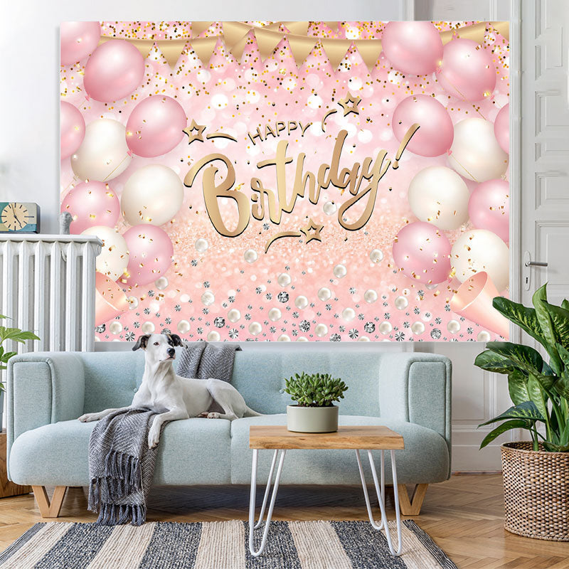 Lofaris Pink White Balloon Glitter Happy Birthday Backdrop