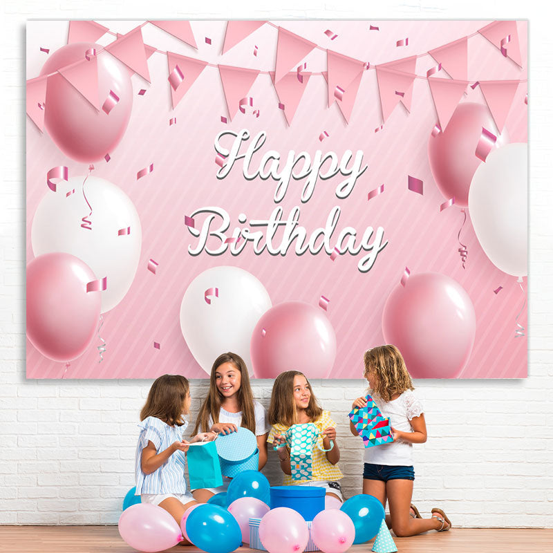 Lofaris Pink White Balloon Ribbon Happy Birthday Backdrop for Girl