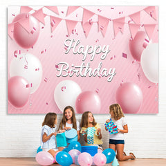 Lofaris Pink White Balloon Ribbon Happy Birthday Backdrop for Girl