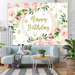Lofaris Pink White Floral Gold Glitter Happy Birthday Backdrop