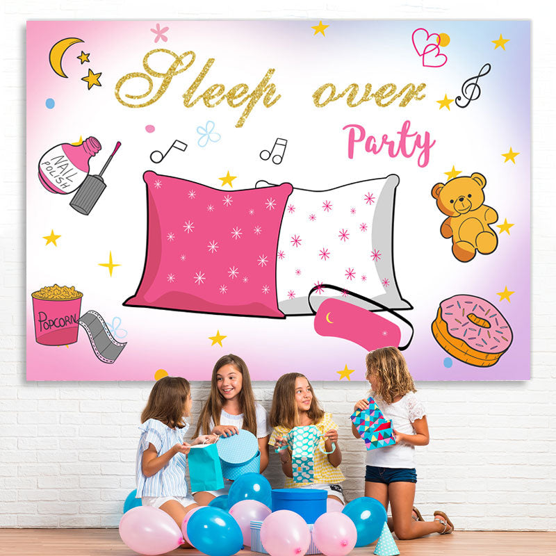 Lofaris Pink White Glitter Sleep Over Party Birthday Backdrop