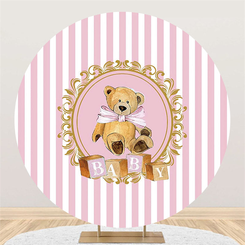 Lofaris Pink White Stripes Round Khaki Teddy Baby Shower Backdrop