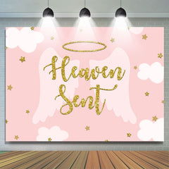 Lofaris Pink white wings gold stars baby shower Backdrop