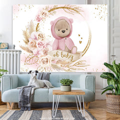 Lofaris Pink With Golden Bear Floral Cute Baby Shower Backdrop