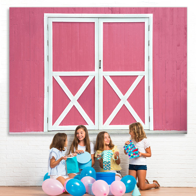 Lofaris Pink Wooden wall White Door Happy Birthday Backdrop