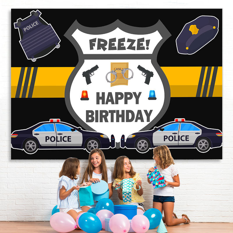 Lofaris Police Car And Pistol Happy Birthday Backdrop For Boy