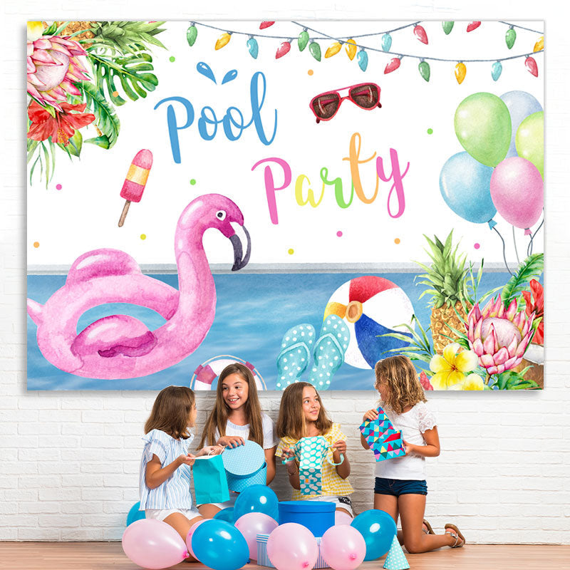 Lofaris Pool Party Tropical Plants and Flamingo Summer Backdrop