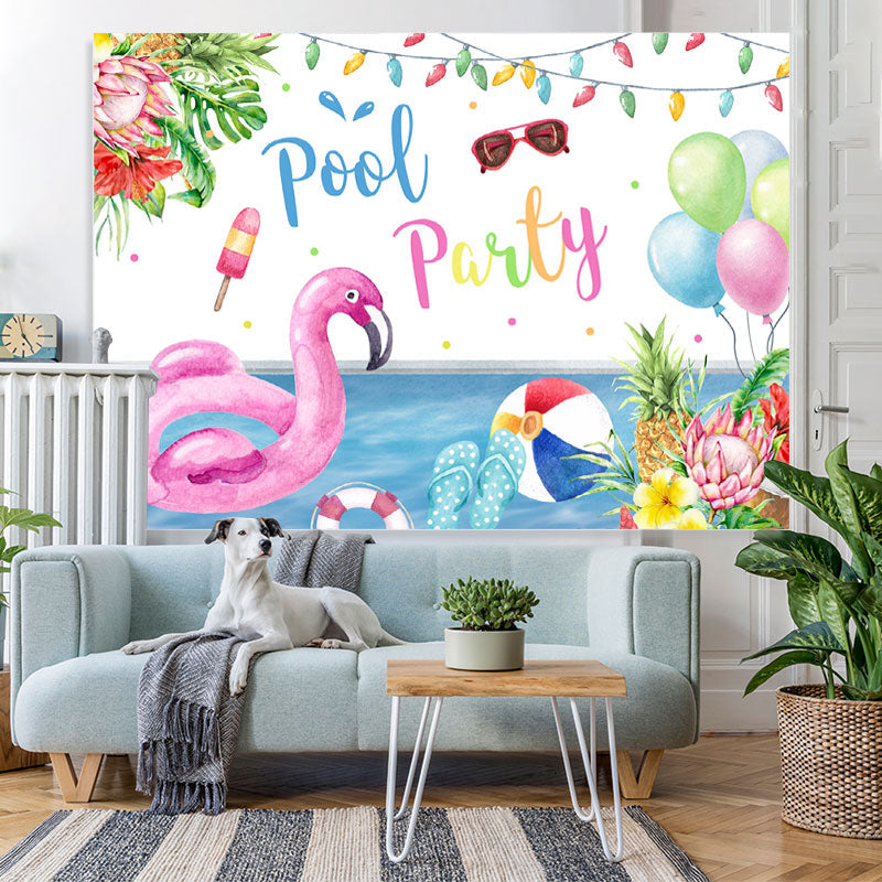 Lofaris Pool Party Tropical Plants and Flamingo Summer Backdrop