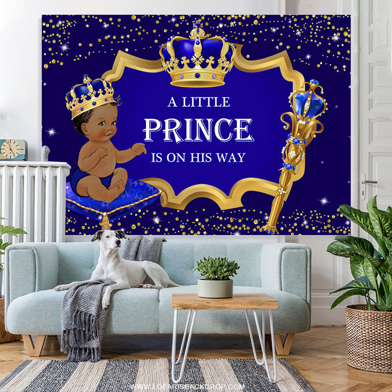Lofaris Princess Gold Glitter Crown Blue Baby Shower Backdrop