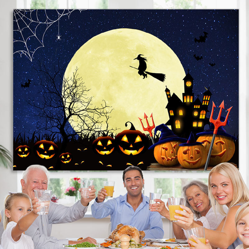 Lofaris Pumpkin Full Moon Bat Gloomy Castle Witch Halloween Backdrop