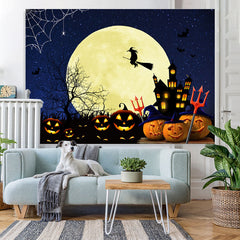 Lofaris Pumpkin Full Moon Bat Gloomy Castle Witch Halloween Backdrop