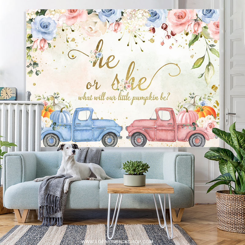 Lofaris Pumpkin Gender Reveal Truck Flower Baby Shower Backdrop