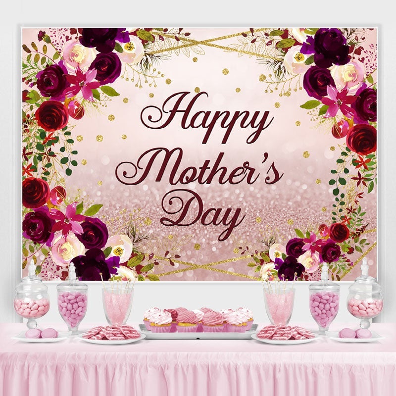 Lofaris Purple And Glitter Flowers Happy Mothers Day Backdrop