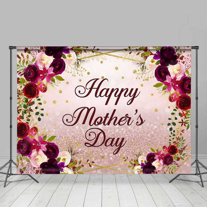 Lofaris Purple And Glitter Flowers Happy Mothers Day Backdrop