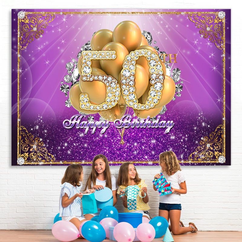 Lofaris Purple and Gold Balloon Diamond 50Th Birthday Backdrop