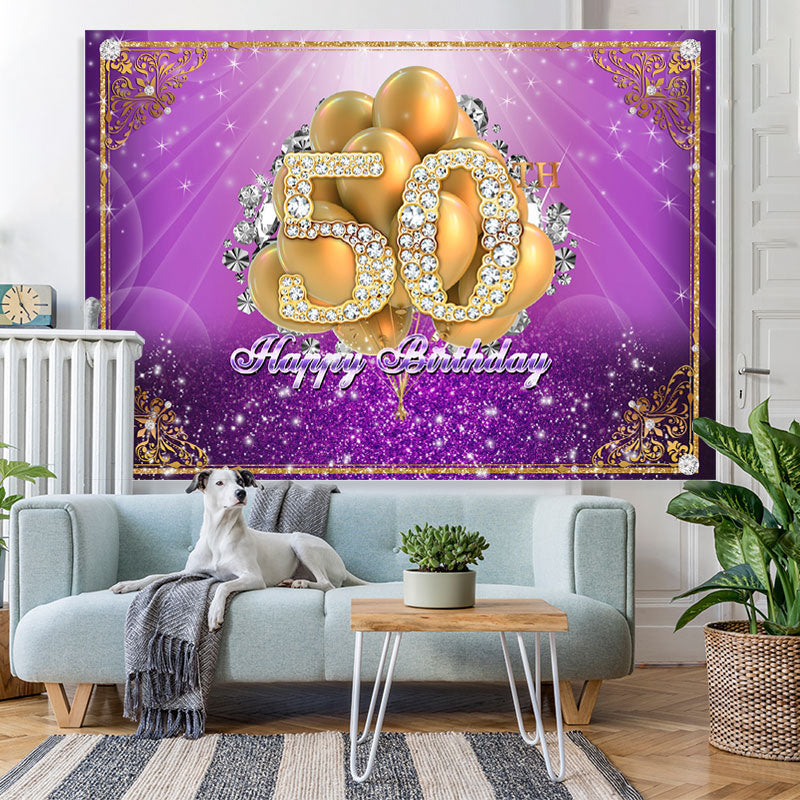 Lofaris Purple and Gold Balloon Diamond 50Th Birthday Backdrop