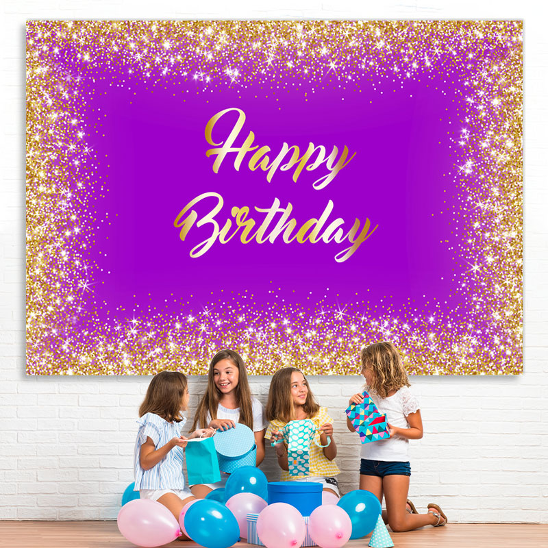 Lofaris Purple And Gold Glitter Theme Happy Birthday Backdrop