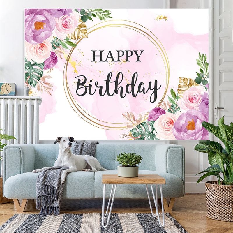 Lofaris Purple and Pink Floral Happy Birthday Backdrop for Girl