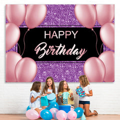 Lofaris Purple And Pink Glitter Balloon Happy Birthday Backdrop