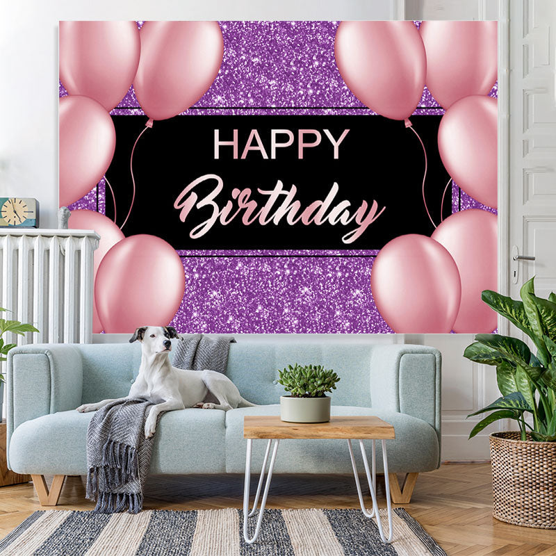 Lofaris Purple And Pink Glitter Balloon Happy Birthday Backdrop
