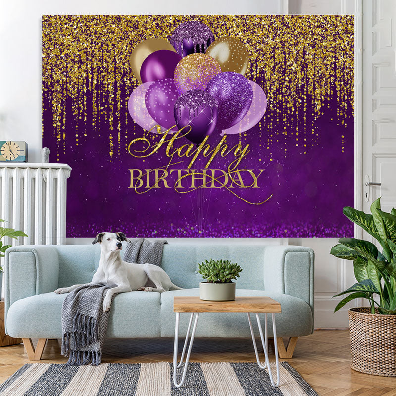 Lofaris Purple Balloons Gold Glitter Happy Birthday Backdrop