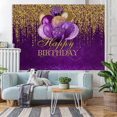 Lofaris Purple Balloons Gold Glitter Happy Birthday Backdrop