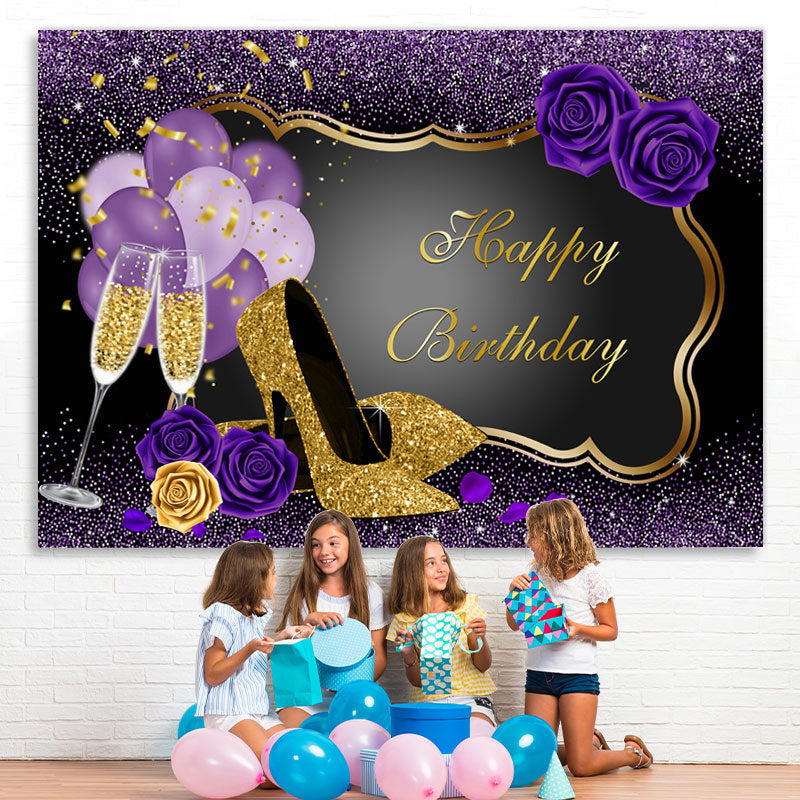 Lofaris Purple Balloons Rose Happy Birthday Backdrop For Girl