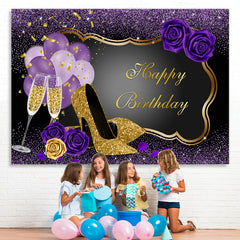 Lofaris Purple Balloons Rose Happy Birthday Backdrop For Girl