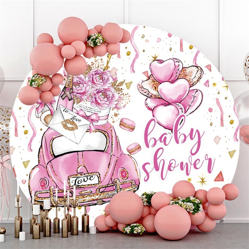 Lofaris Purple Car With Roses Teddy Circle Baby Shower Backdrop