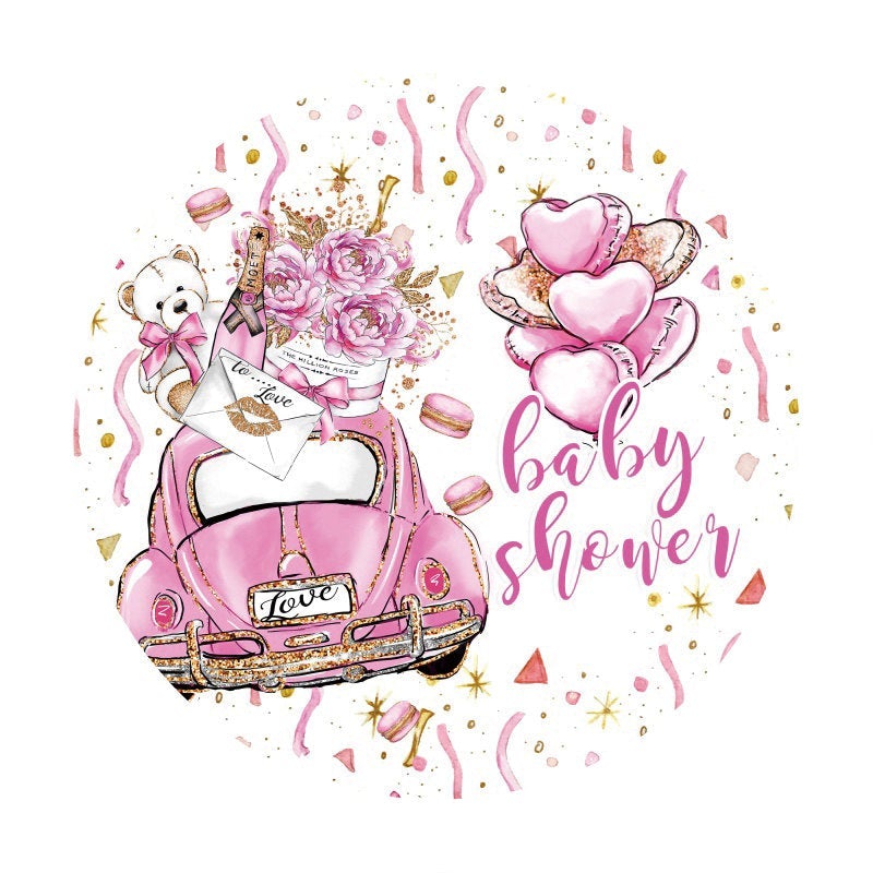 Lofaris Purple Car With Roses Teddy Circle Baby Shower Backdrop